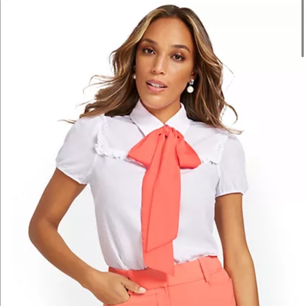 White & Peach Bow-Tie Blouse
